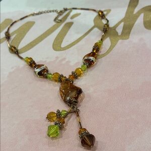 Italian Glass Amber and Green Glass Like Beveled Shiny Beaded Necklace